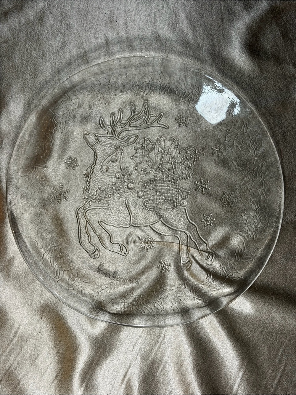 Vintage 1991 Neiman Marcus Christmas Reindeer Glass Serving Plate Original Box